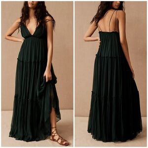 BHLDN Anthropologie Amandine Maxi Dress Green Chiffon Wedding Guest Sz 12